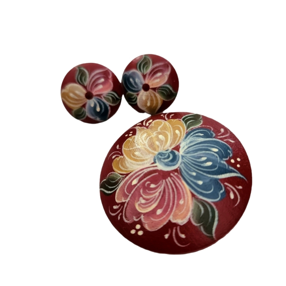 Hand Painted Red Floral Earrings and Pin Set
